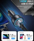 Road Trip Ready PD 3 1 Usb C Fast Car Charger With 140W Max, dual port charger with glowing ring and cables attached.