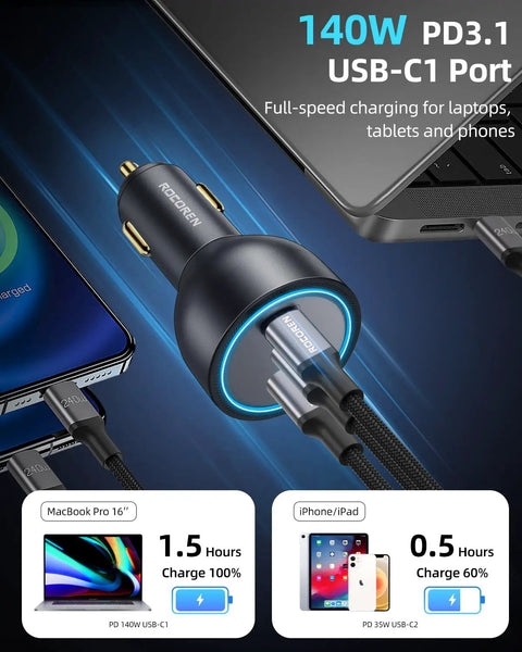 Road Trip Ready PD 3 1 Usb C Fast Car Charger With 140W Max, dual port charger with glowing ring and cables attached.