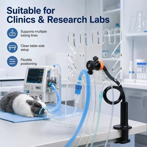 Veterinary Breathing Circuit Holder And Acrylic Tube Bracket Stand in a clinic setting with anesthesia machine, highlighting clear acrylic design.