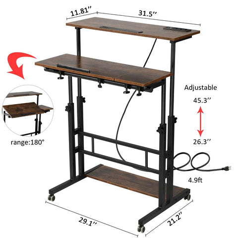Mobile Standing Desk With Adjustable Height Rolling Desk Stand Up Station for home office featuring size and rustic brown finish
