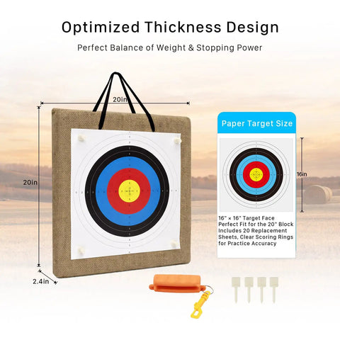 20 Inch Straw Archery Target For Backyard Practice, 2.4 Inch Thick, with bullseye design, 16 inch paper targets, and accessories
