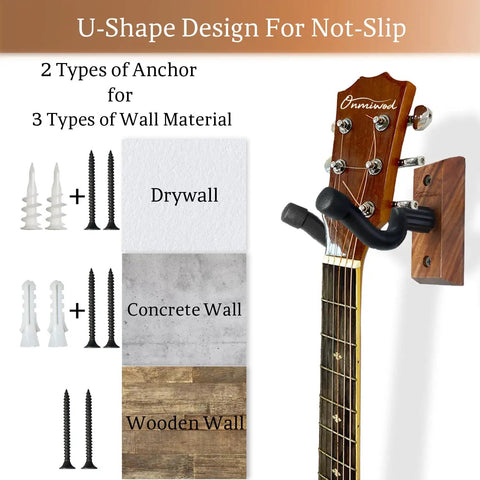 Kickass Two Pack Black Walnut Wood Guitar Wall Mount Ultra Heavy Duty Sweet U Shaped Holder Bracket For Acoustic Electric Bass Banjo Tight Space Saving Rack