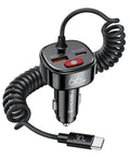 Heavy Duty Usb C Car Charger With Six Foot Coiled Cable And Smart Power Switch To Halt Battery Drain While You Rapidly Juice Up Phones Smoothly On Every Daily Commute, showing dual ports and retractable cable.