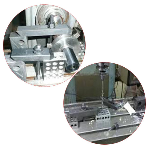 HFS 123 machinist blocks, 1 pair, hardened steel with 23 holes, gray metal on milling vise setup