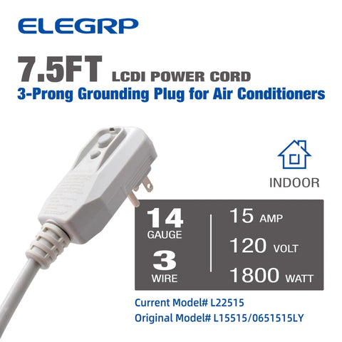 LCDI Power Cord Plug for Air Conditioners With Leakage Current Detection, 7.5 ft, 14 gauge, 120V, UL Certified, 3-prong