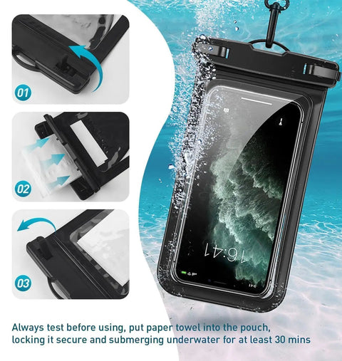 Waterproof Phone Pouch With Card Pocket For iPhone 17 16 15 Pro Max IPX8 Black submersible test instructions shown