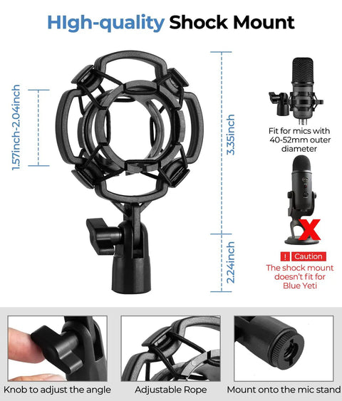 Multifunctional Desktop Microphone Stand For Live Streaming And Studio Recording with shock mount specifications shown