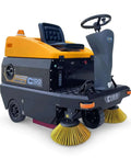 Front view of Ride On Industrial Floor Sweeper with 24 Gallon Dustbin and 65000 Sqft Per Hour Cleaning Power, heavy duty cleaner.