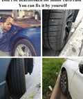 Collage of car rims with curb rash and man worried, before using Silver Rim Touch Up Paint Pen For Wheels And Car Rims Scratch Repair Kit.