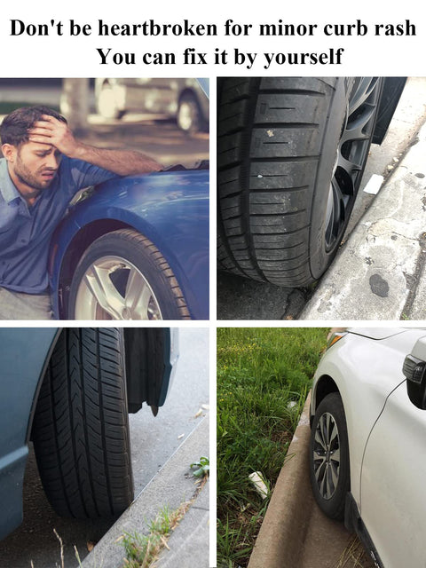 Collage of car rims with curb rash and man worried, before using Silver Rim Touch Up Paint Pen For Wheels And Car Rims Scratch Repair Kit.