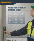 Straight Shooter Laser Measure 165 Ft Range Digital Distance Meter held by a worker in a construction site.