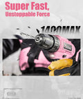 Close-up of Pink 12V Cordless Drill And Driver Set With 21 Bits For Women, showcasing the drill with a metal bit.