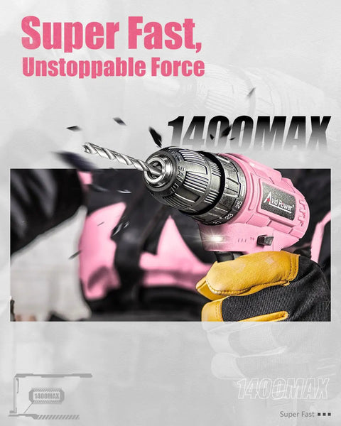 Close-up of Pink 12V Cordless Drill And Driver Set With 21 Bits For Women, showcasing the drill with a metal bit.