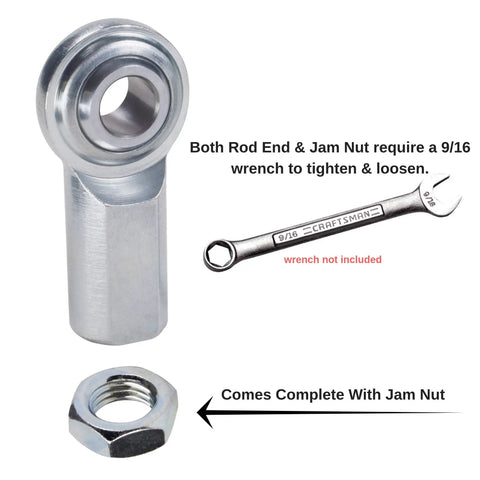 Heckuva Tough Three Eighth Inch Female Heim Rod End Bearing Featuring Right Hand Thread And Included Jam Nut, with Jam Nut and 9/16 wrench.