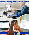 Hands On Motion Sensing Glove For Kids Wireless Robotic Arm Kit With ESP32 Encoders And Accelerometer Arduino Python ACECode Compatible Gesture Control For 8 To 12 Year Old Makers, coding on laptop