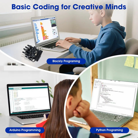 Hands On Motion Sensing Glove For Kids Wireless Robotic Arm Kit With ESP32 Encoders And Accelerometer Arduino Python ACECode Compatible Gesture Control For 8 To 12 Year Old Makers, coding on laptop
