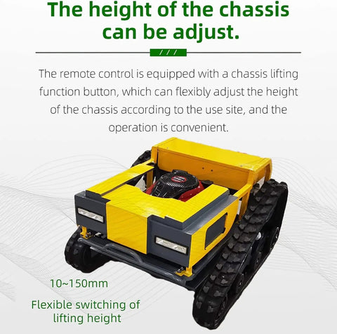 Tracked Remote Control Lawn Mower With 9.5HP Gasoline Engine, yellow chassis, adjustable height, for sloped terrain