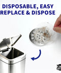 Heavy Duty Disposable Shower Drain Hair Catcher With Extra Tacky Waterproof Mesh catching hair, shown above a disposal bin.