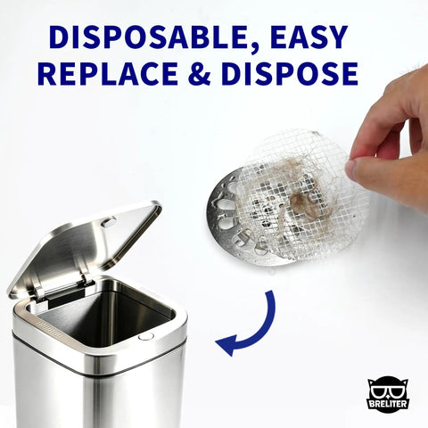Heavy Duty Disposable Shower Drain Hair Catcher With Extra Tacky Waterproof Mesh catching hair, shown above a disposal bin.