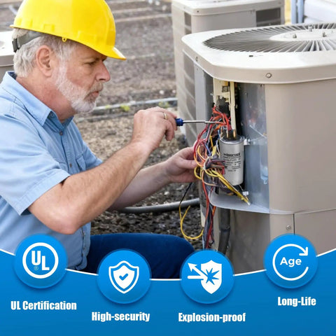 Technician installing 45 Plus 5uF Dual Run Start Capacitor for heat pumps and air conditioners, CBB65, UL certified, explosion-proof