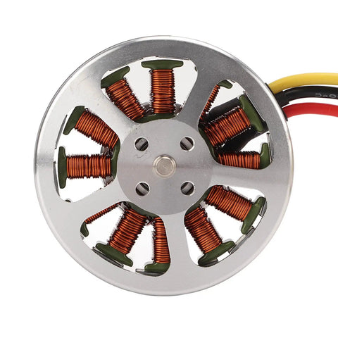 360KV Brushless RC Drone Motor With High Torque Aluminum Alloy Housing 50x10mm Size Ideal For Multirotor Quadcopter Rear Threaded Mounts 16mm And 19mm Durable Silver Finish viewed from top showing copper coils.