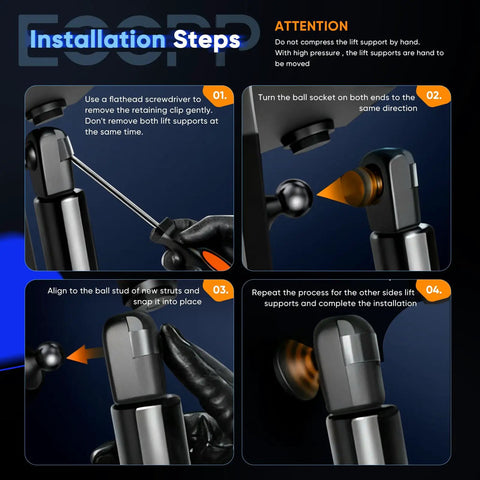 Installation steps for Rugged Heavy Duty Hood Lift Supports For Acura TL 2004 To 2008 Gas Struts with detailed guide.