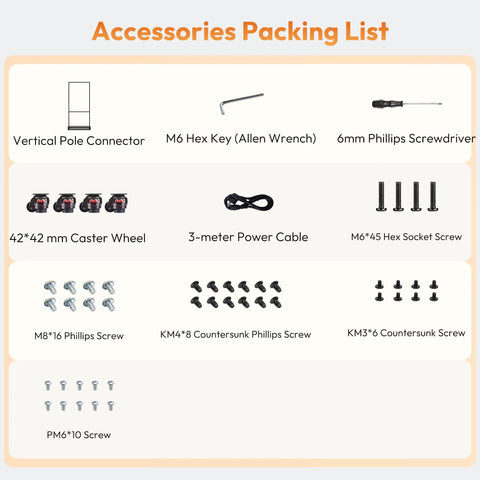 Accessories packing list for 65 Inch Digital Signage Display For Shop Window featuring screws, wheels, tools, and cables.