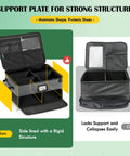 Comparison of two golf trunk organizers; one with support plate and ventilated compartments and another collapsing easily