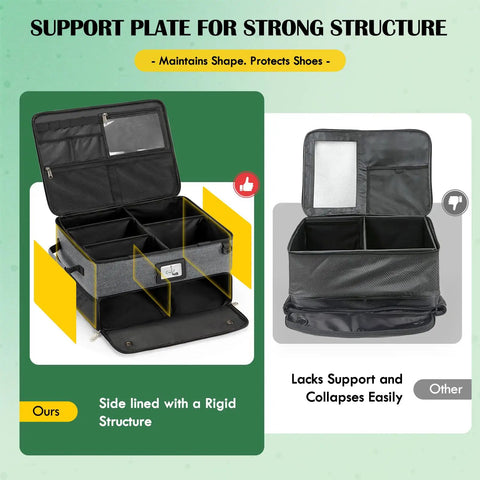 Comparison of two golf trunk organizers; one with support plate and ventilated compartments and another collapsing easily