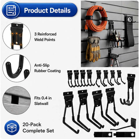 Heavy Duty Garage Slatwall Hooks Set 20 Piece Multi Size Hook Assortment for organizing tools and cords on a slatwall