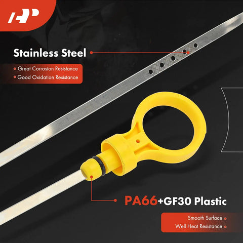 Close-up of 3.8L V6 engine oil dipstick compatible with Chevrolet Buick Oldsmobile and Pontiac models, featuring stainless steel rod and yellow plastic handle.