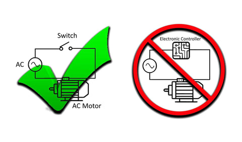 Diagram with green check showing approved AC motor switch setup and red circle indicating electronic controller not allowed.