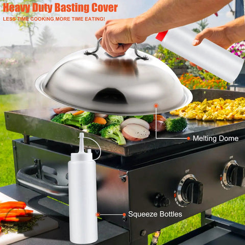42 Piece Flat Top Griddle Accessories Kit With Extra Wide Burger Spatula Enlarged Spatulas Melting Dome And Burger Press Plus Tongs Knife Basting Cover Rectangle Bacon Press For Outdoor BBQ Teppanyaki featuring melting dome on vegetables and squeeze bottles on griddle