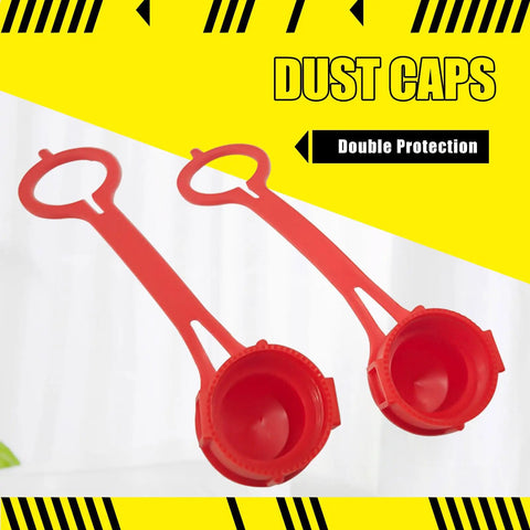 Red protective dust caps for hydraulic quick connect couplers.