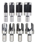 Rock Solid Eight Piece Wood Plug Cutter And Taper Drill Bit Set Forged From Heavy Carbon Steel With Titanium Coating, showing straight and angled heads.