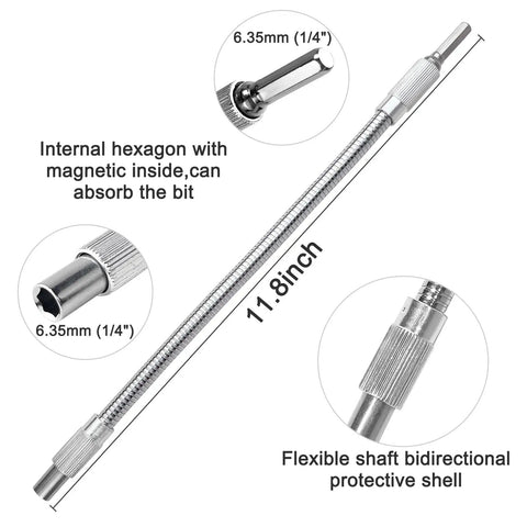 Flexible Drill Bit Extension and 105 Degree Right Angle Drill Adapters Kit, 11.8-inch flexible shaft with 1/4 inch hex shank