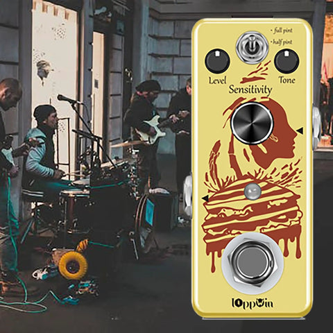 Dope Optical Compressor Pedal For Electric Guitar And Bass With Smooth Attack And Decay, Mini Size Yellow Metal Housing in urban setting