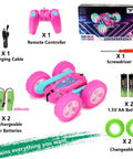 Pink Remote Control Car For Girls That Flips 360 Degrees, Double-Sided Stunt RC Toy With Headlights, package contents display