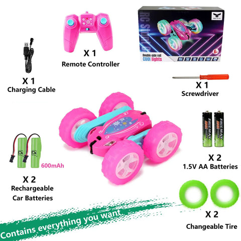 Pink Remote Control Car For Girls That Flips 360 Degrees, Double-Sided Stunt RC Toy With Headlights, package contents display