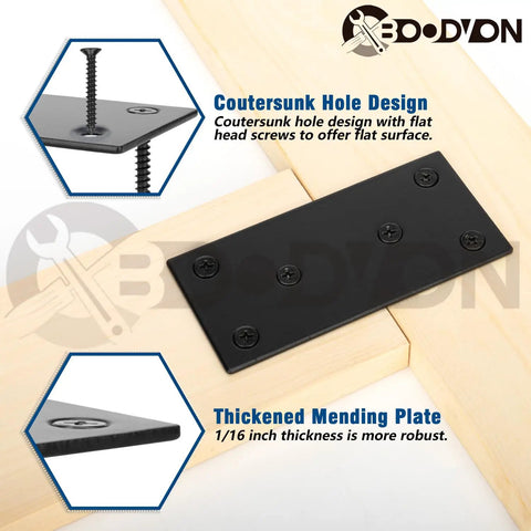 Heavy Duty Black Mending Plate For Wood Furniture Repair And Rock Solid Metal Brace Bracket With Rust Proof Finish And No Sweat Screw Set For Heavy Load Bearing Projects on wood with countersunk screws.