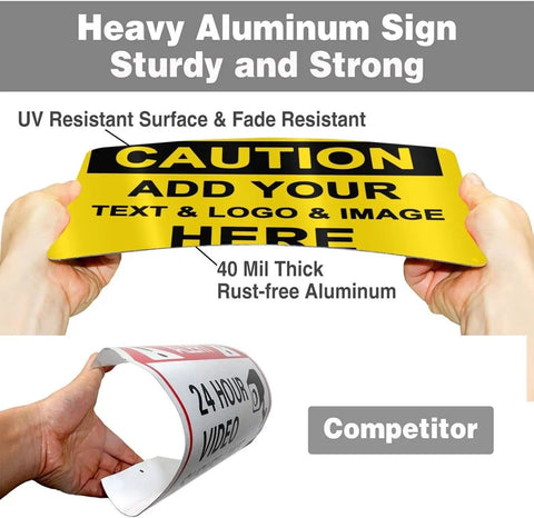 Tin Sign 12x8 Inch Metal Safety Plaque With Arrow For Home Office Workshop Garage Clinic And Emergency Supplies Area Vintage Wall Decor High Visibility Green And White Design With Easy Mounting Holes And Rounded Corners Durable And Rugged. Yellow and black aluminum sign shown bent by hand