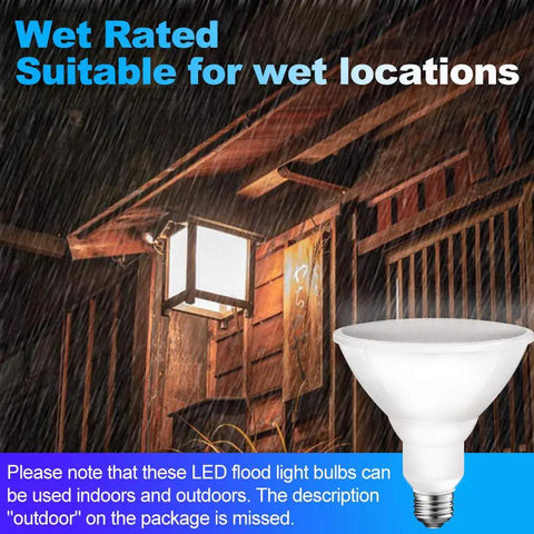 PAR38 LED Flood Outdoor Light Bulb 3000K Warm White, 11W 90W Equivalent, wet rated for porch and yard lighting in rain