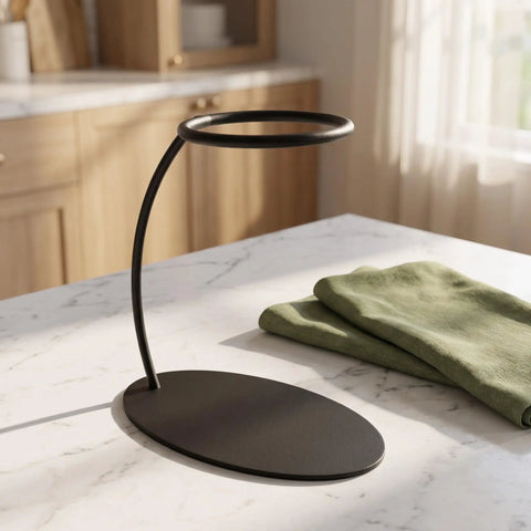 Heavy Duty Coffee Filter Holder Funnel Stand With Slick Black Iron Base For Hands Free Drip Pour Over Brewing on kitchen counter