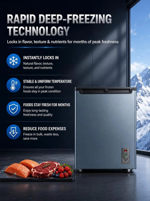 7.0 Cu Ft Compact Chest Freezer Energy Efficient Low Noise Cold Storage With Slick Rolling Basket Freestanding Food Preserver Go Hard On Freshness For Small Apartments Built Different with fresh salmon and beef.
