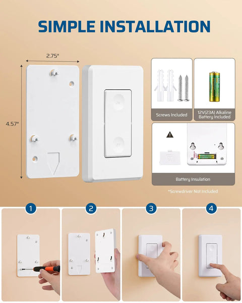 Wireless Wall Switch Remote Outlet For Lamps And Fans, 15A 1875W, No Wiring Needed, 100 Ft RF Range, Easy Install Plug And Play