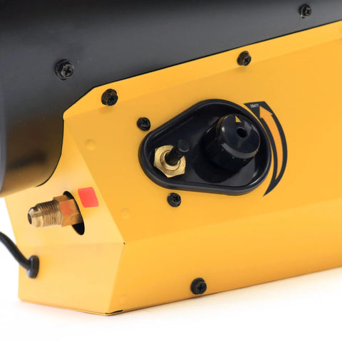 Heavy Duty 125k BTU Propane Forced Air Heater tank connection and control knob for adjustable settings.