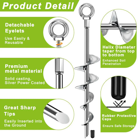 18 Inch Ground Anchors Screw In Heavy Duty Earth Auger Stakes Kit with spiral blade and detachable eyelets details