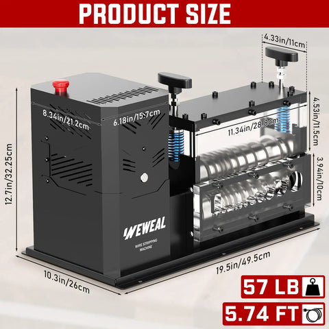 Heavy Duty Automatic Electric Wire Stripper Machine With 700W Motor And 11 Channels, dimensions and product size displayed.