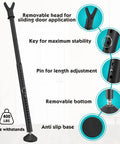 Adjustable 19 To 52 Inch 3 In 1 Door Security Bar showing details like removable head, stability key, and anti-slip base.