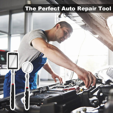Mechanic using the Six Piece Telescoping Inspection Mirror Set for Cars and Under Vehicle Checks in engine repair.